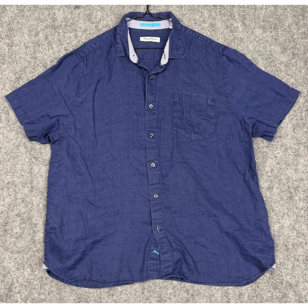 Tommy Bahama Mens XL Blue Short Sleeve Button Down Textured Stripe Shirt